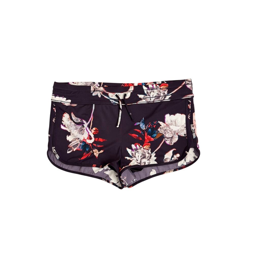 Athleta Kata Surge Swim Shorts Purple Active Floral Drawstring Bottoms Large